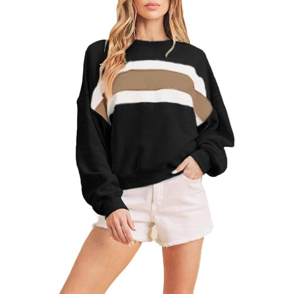 Womens Crewneck Sweatshirt Cotton Polyester Color Block Long Sleeve Casual Top